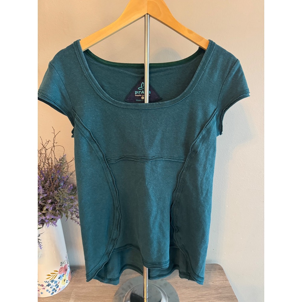 Prana Womens Teal Green Hemp Organic Cotton Seam Detail Scoop Neck Top Size M